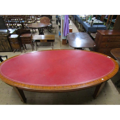 1923 - LARGE EARLY 20C MAHOGANY FRAMED LEATHER TOP OVAL TABLE ON BOLD SQUARE TAPERING LEGS, 270CM L, 136CM ... 