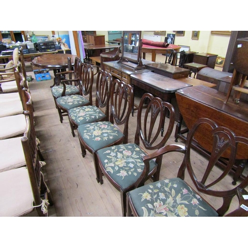 1930 - SET OF SIX (4+2) GEORGIAN STYLE MAHOGANY DINING CHAIRS WITH SHEILD SHAPED BACKS - ONE CHAIR REQUIRES... 