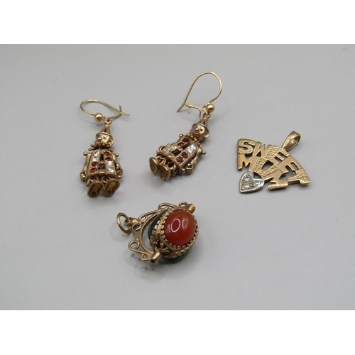 1576 - THREE ITEMS OF 9ct GOLD STONE SET JEWELLERY INC. PAIR OF CAGE EAR DROPS AND A SWEET MUM BROOCH