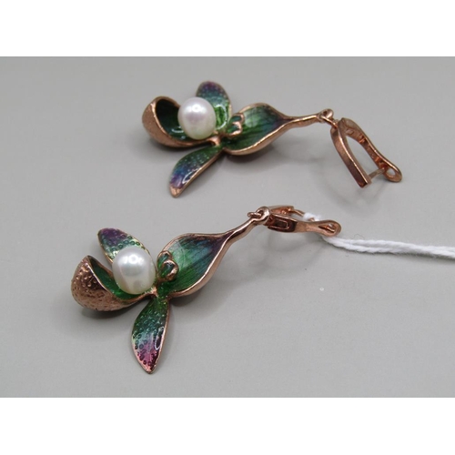 1624 - SILVER ENAMELLED CULTURED PEARL ORCHID EARRINGS