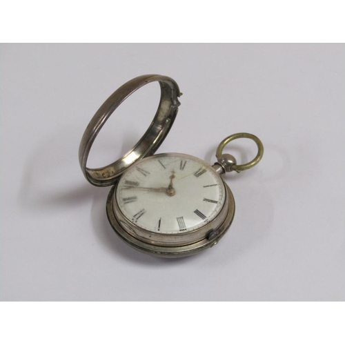 1637 - EARLY 19c VERGE SILVER CASED POCKET WATCH WITH OUTER CASE, THE GILT METAL WATCH MOVEMENT MARKED S&J ... 