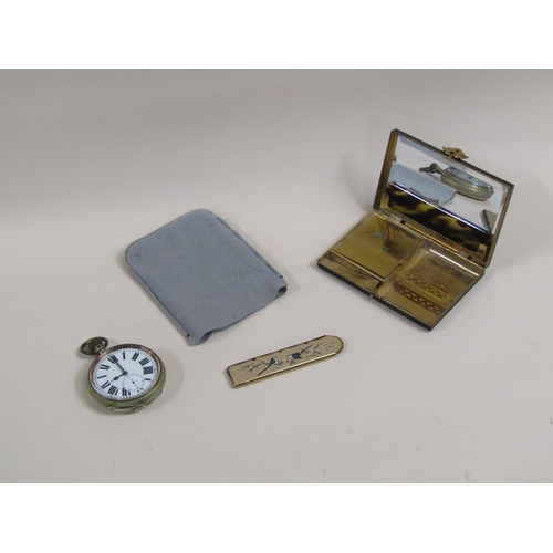 1653 - COMPACT, LARGE WHITE METAL STATION MASTERS TYPE WATCH, JAPANESE DECORATED COMB IN CASE