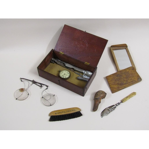 1658 - WOODEN BOX CONTAINING A COLLECTION OF SMALL MISC. INC. CARVED BONE GREYHOUND STICK HANDLE , PENCILS,... 