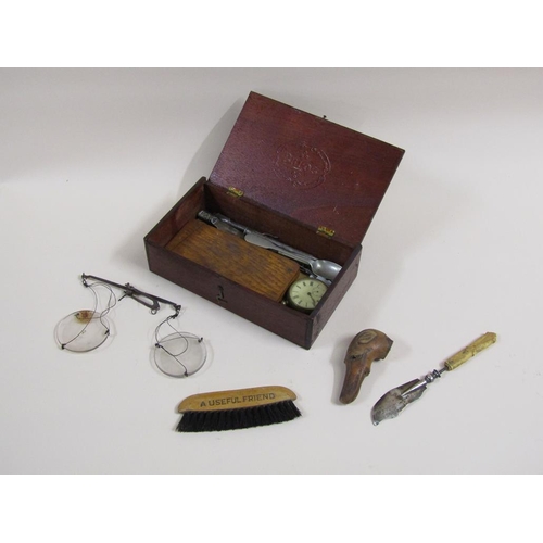 1658 - WOODEN BOX CONTAINING A COLLECTION OF SMALL MISC. INC. CARVED BONE GREYHOUND STICK HANDLE , PENCILS,... 