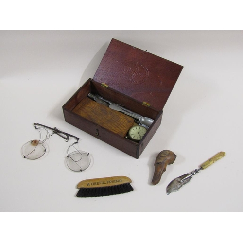 1658 - WOODEN BOX CONTAINING A COLLECTION OF SMALL MISC. INC. CARVED BONE GREYHOUND STICK HANDLE , PENCILS,... 