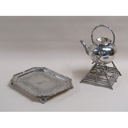 1688 - LATE VICTORIAN SILVER PLATED TEA KETTLE ON STAND WITH TRAY AND BURNER - 34cms H OVERALL