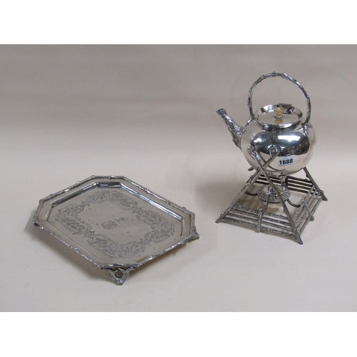 1688 - LATE VICTORIAN SILVER PLATED TEA KETTLE ON STAND WITH TRAY AND BURNER - 34cms H OVERALL