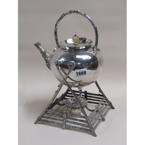 1688 - LATE VICTORIAN SILVER PLATED TEA KETTLE ON STAND WITH TRAY AND BURNER - 34cms H OVERALL