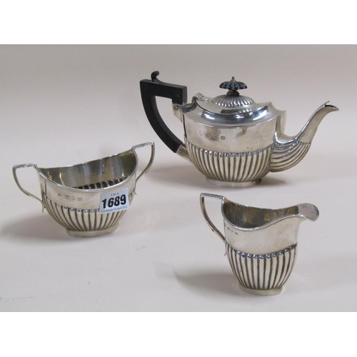 1689 - SILVER BACHELORS THREE PIECE TEA SERVICE 14.7oz, TEAPOT 22cms w