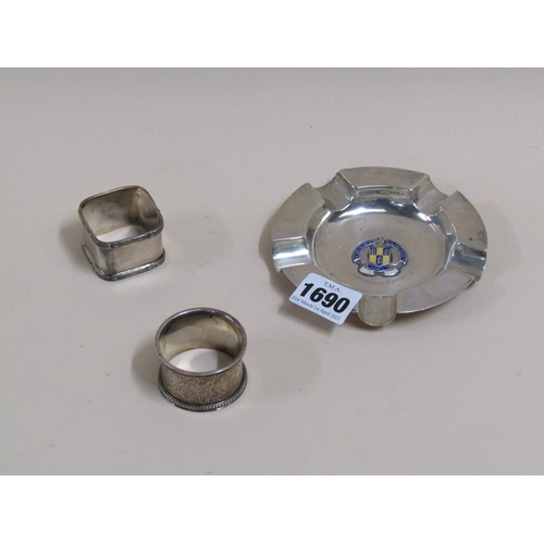 1690 - SILVER ASHTRAY AND TWO NAPKIN RINGS 3.7oz