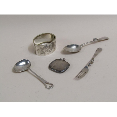 1699 - SMALL COLLECTION OF MIXED SILVER INC. BRACELET, VESTA CASE AND THREE SPOONS, 4oz