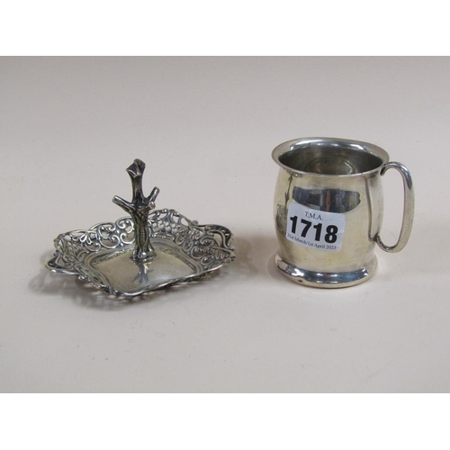 1718 - SILVER BALUSTER CHRISTENING TANKARD; RING STAND, 3.8ozt