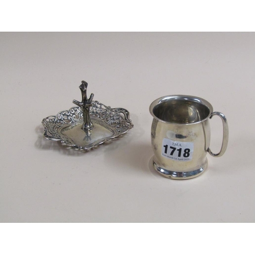 1718 - SILVER BALUSTER CHRISTENING TANKARD; RING STAND, 3.8ozt