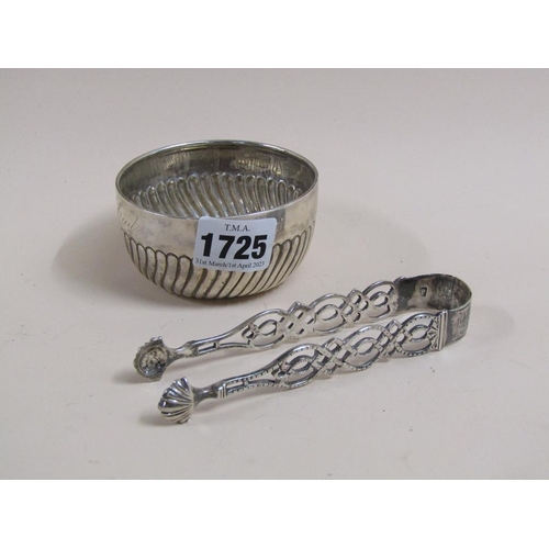 1725 - SILVER HALF WRITHEN SUGAR POT; PAIR OF TONGS