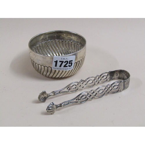 1725 - SILVER HALF WRITHEN SUGAR POT; PAIR OF TONGS