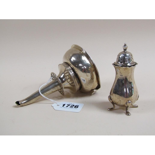 1726 - SILVER PLATED WINE FUNNEL; SILVER PEPPER