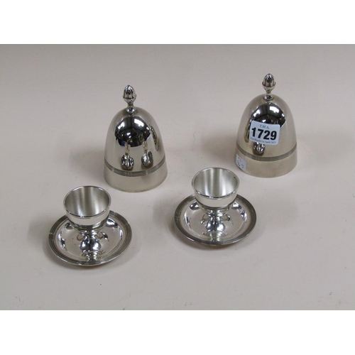 1729 - PAIR OF SILVER PLATED EGG CUPS AND COVERS, 12CM H