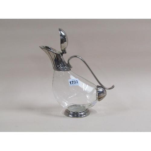 1733 - GLASS AND SILVER PLATE DUCK SHAPE CLARET JUG