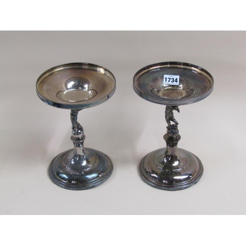 1734 - PAIR OF SILVER PLATE COMPORT STANDS WITH CHERUB COLUMNS, 22CM H