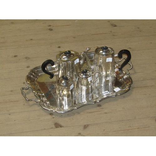 1752 - TWO HANDLED SILVER PLATED TEA TRAY TOGETHER WITH FIVE PIECE PLATED SERVICE THEREON