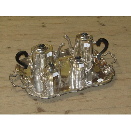 1752 - TWO HANDLED SILVER PLATED TEA TRAY TOGETHER WITH FIVE PIECE PLATED SERVICE THEREON