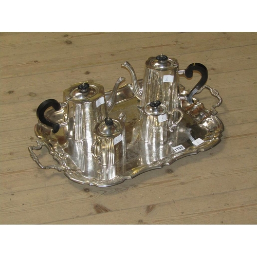 1752 - TWO HANDLED SILVER PLATED TEA TRAY TOGETHER WITH FIVE PIECE PLATED SERVICE THEREON