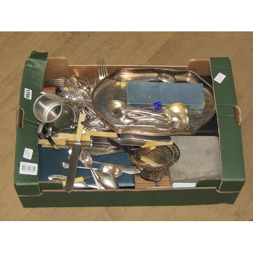 1755 - BOX OF MIXED CUTLERY AND SILVER PLATE