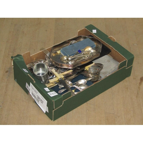 1755 - BOX OF MIXED CUTLERY AND SILVER PLATE