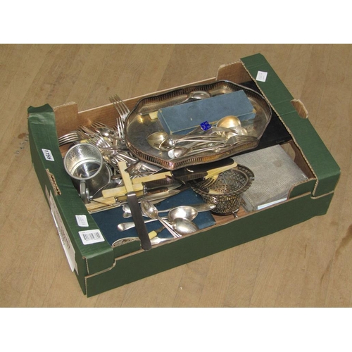 1755 - BOX OF MIXED CUTLERY AND SILVER PLATE