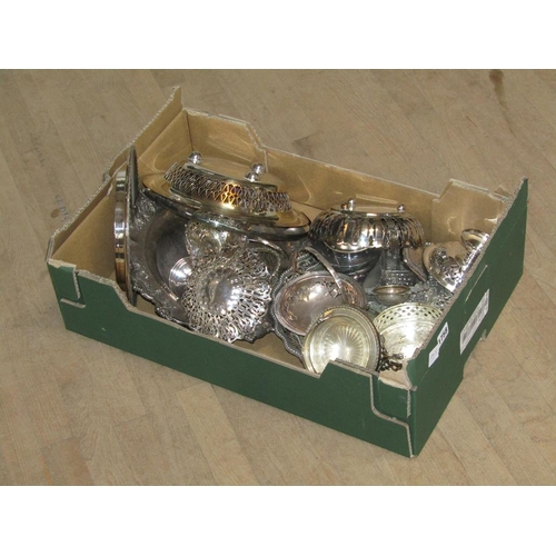 1758 - BOX OF MIXED ITEMS OF SILVER PLATE INC. FRUIT BASKET, BUTTER STANDS ETC