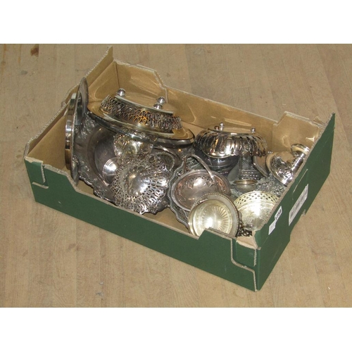 1758 - BOX OF MIXED ITEMS OF SILVER PLATE INC. FRUIT BASKET, BUTTER STANDS ETC