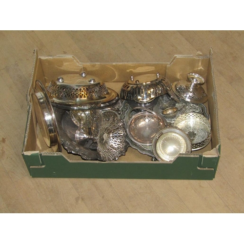 1758 - BOX OF MIXED ITEMS OF SILVER PLATE INC. FRUIT BASKET, BUTTER STANDS ETC