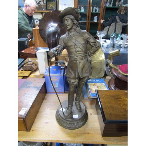 1238 - LARGE CAST BRONZED SPELTER FIGURE OF A CAVALIER, 69CM H