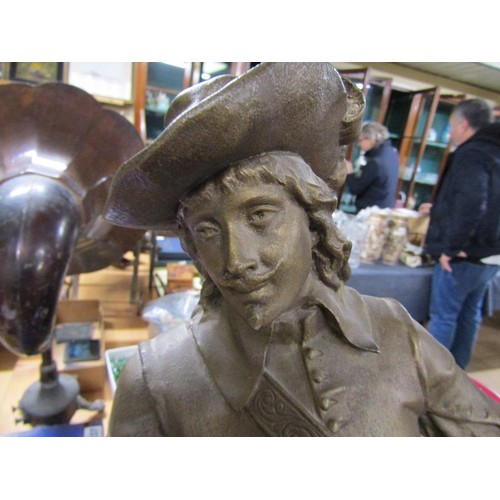 1238 - LARGE CAST BRONZED SPELTER FIGURE OF A CAVALIER, 69CM H