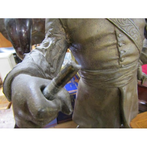 1238 - LARGE CAST BRONZED SPELTER FIGURE OF A CAVALIER, 69CM H