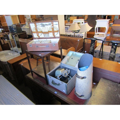 574 - PROJECTOR; COAL SCUTTLE; INLAID TABLE; PICNIC SET