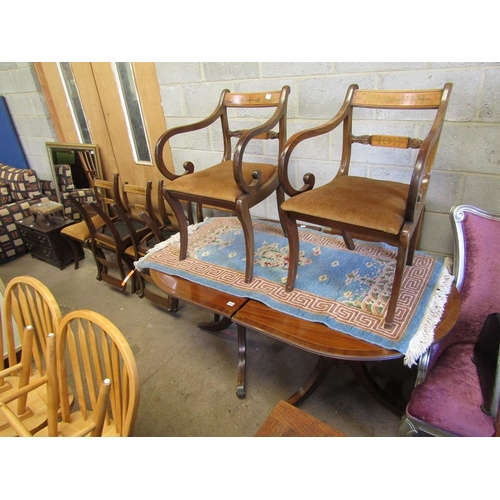 629 - REPRODUCTION BRASS INLAID D END DINING TABLE AND CHAIRS