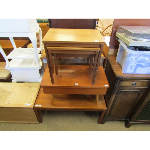 637 - NEST OF TEAK TABLES, SEWING BOX, TABLE