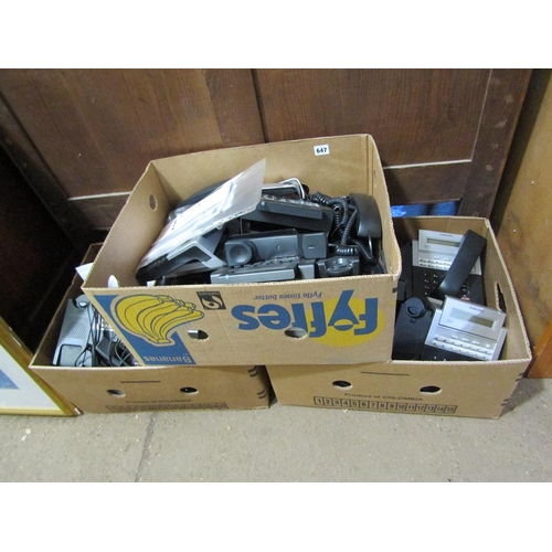 647 - THREE BOXES OF TELEPHONES AND EQUIPMENT