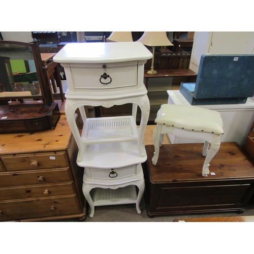 654 - TWO REPRODUCTION BEDSIDE CUPBOARDS AND A STOOL