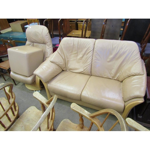 694 - LEATHER TWO SEATER SOFA, ARMCHAIR, FOOTSTOOL