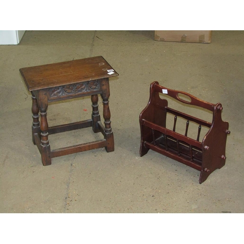 769 - MAGAZINE RACK AND AN OAK STOOL