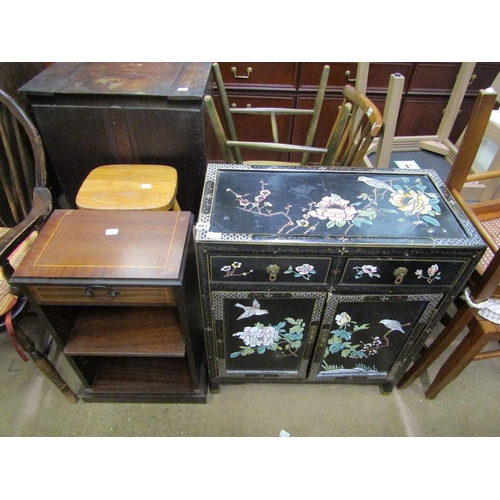 861 - ORIENTAL CABINET, STOOL, INLAID CUPBOARD