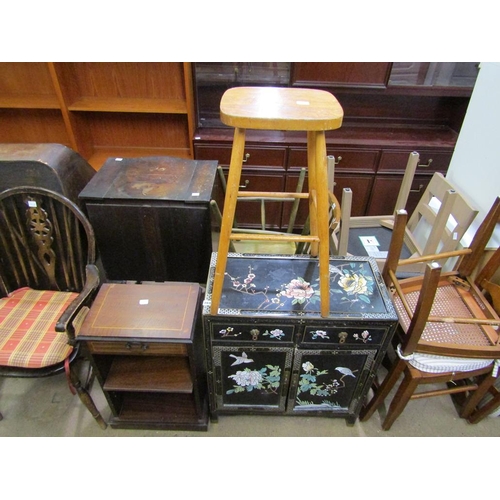 861 - ORIENTAL CABINET, STOOL, INLAID CUPBOARD