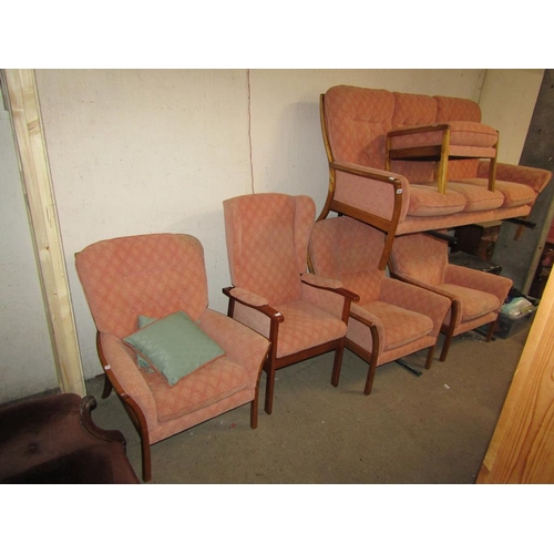 901 - THREE SEATER SOFA, FOUR ARMCHAIRS AND STOOL