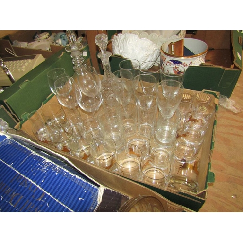 257 - BOX OF GLASSWARE - TUMBLERS, ALES, DECANTERS ETC