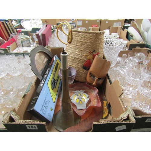 294 - BOX OF MISC MOULDED GLASS, CARNIVAL GLASS, SILVER PLATE ETC