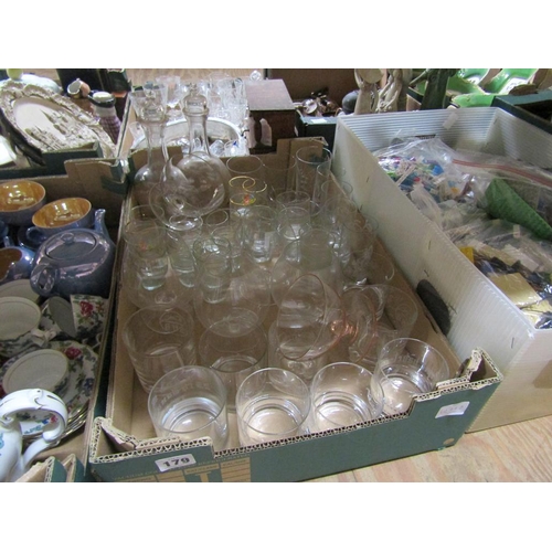 179 - BOX OF MIXED GLASSWARE TO INCL DECANTERS