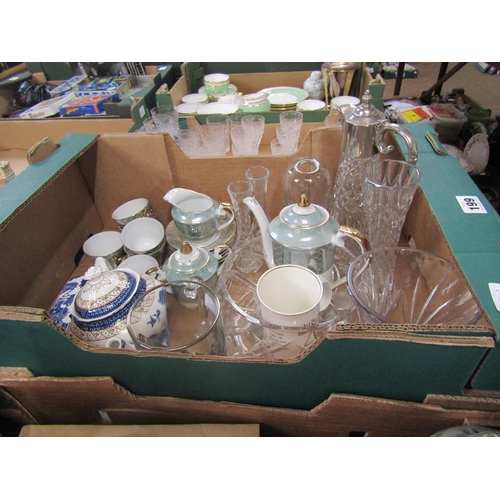 199 - BOX OF MISC TO INCL TEAWARES, BOOTHS, CLARET JUG ETC