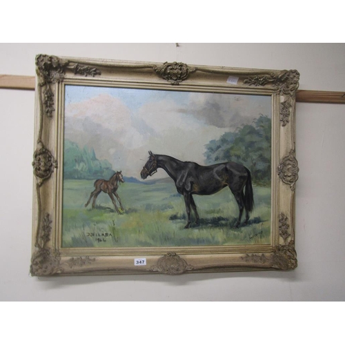 347 - R A OLDFIELD - FRAMED OIL ON CANVAS, HORSE AND FOAL